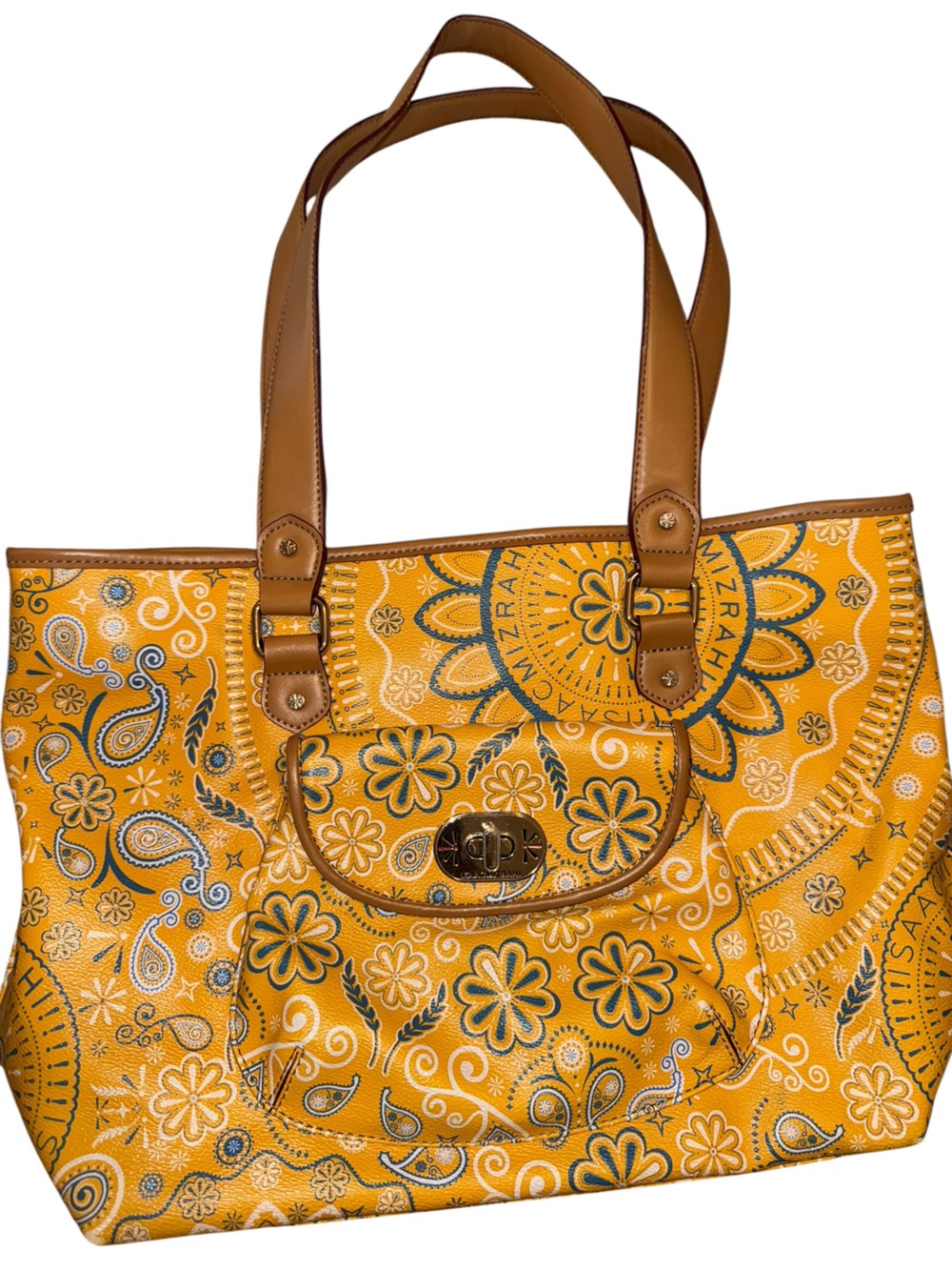 Isaac Mizrahi Yellow Paisley Floral Tote with Tan Handles